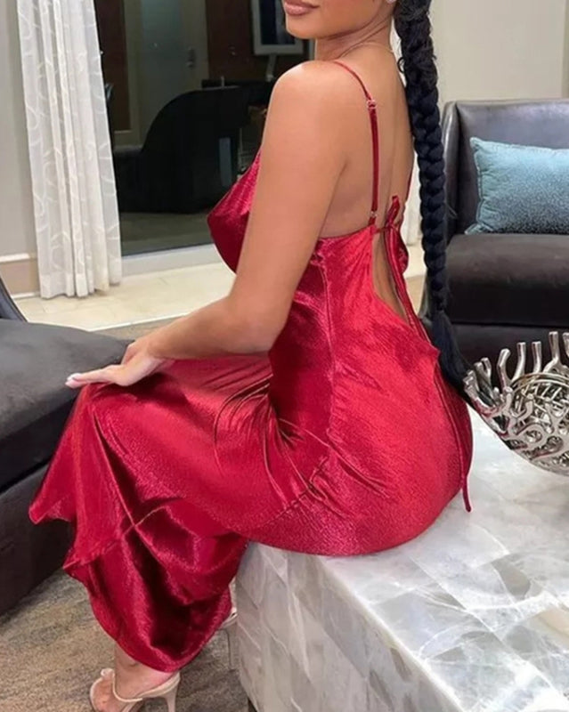 Satin Dresses- Backless Mermaid Dress in Elegant Satin with Cowl Neckline- Wine Red- Chuzko Women Clothing