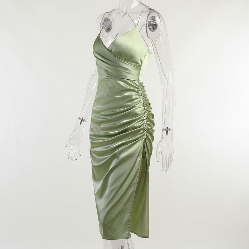 Satin Dresses- Satin Sleeveless Surplice V-Neck Midi Dress with Ruching- - Chuzko Women Clothing