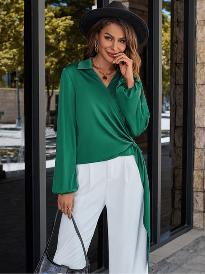 Satin Tops- Dinner Satin Lantern Sleeve Blouse for Special Occasions- Chuzko Women Clothing