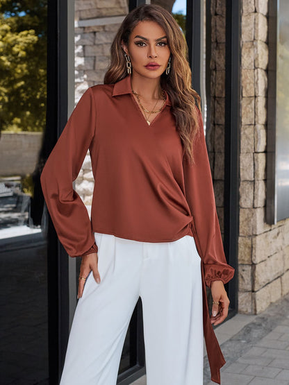 Satin Tops- Dinner Satin Lantern Sleeve Blouse for Special Occasions- Chuzko Women Clothing