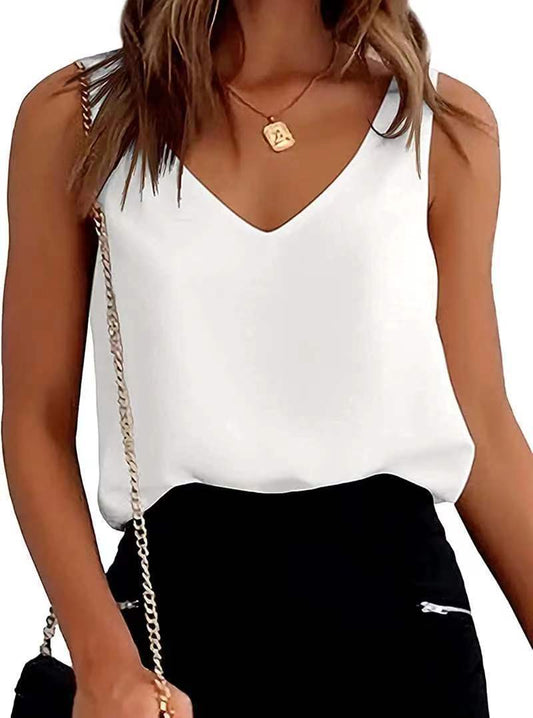 Satin Tops- Satin Essential V-Neck Silk Tank Top for Women's Business Wear- White- Chuzko Women Clothing