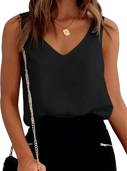 Satin Tops- Satin Essential V-Neck Silk Tank Top for Women's Business Wear- Black- Chuzko Women Clothing