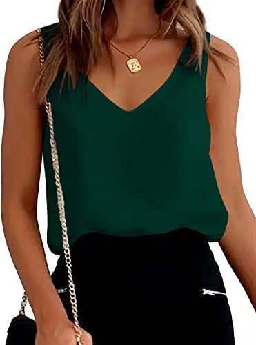 Satin Tops- Satin Essential V-Neck Silk Tank Top for Women's Business Wear- Dark Green- Chuzko Women Clothing
