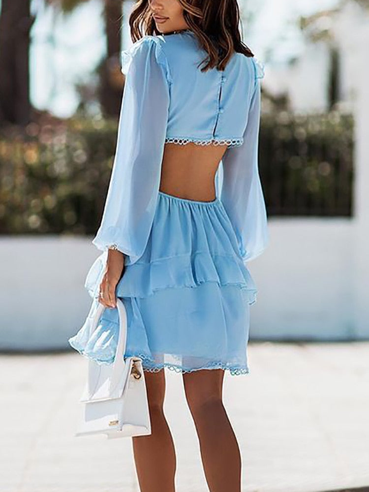 Elegant Lantern Sleeve Plunge Fit & Flare Ruffle Cutout Mini Dress Mini Dresses - Chuzko Women Clothing