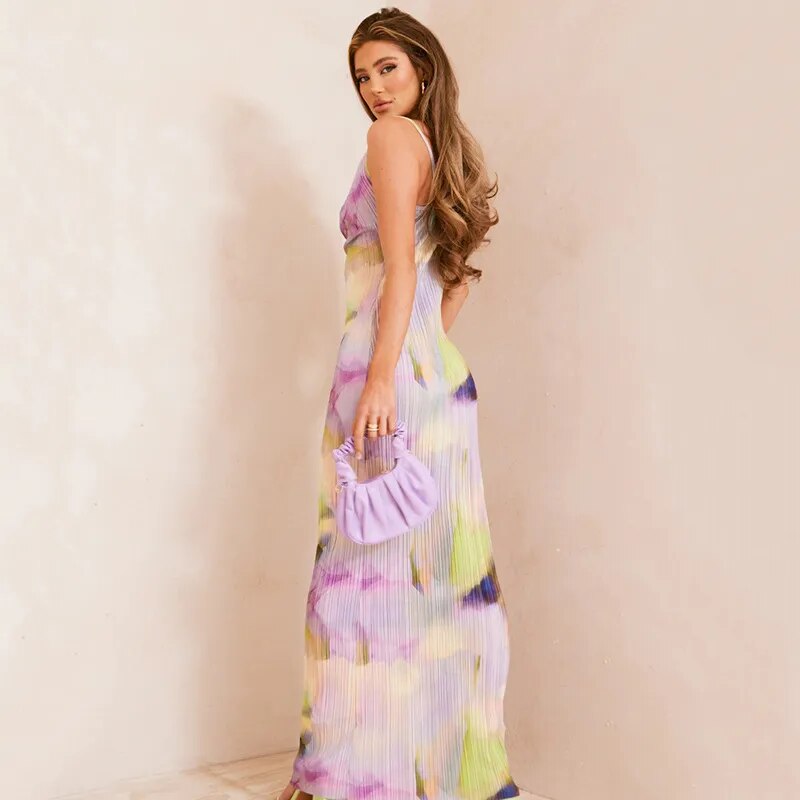 Abstract Garden Cowl Neck Plisse Sheath Cami Maxi Dress Maxi Dresses - Chuzko Women Clothing