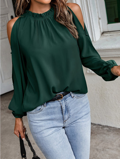 Cold Shoulder Blouse - Ruffle Neck, Long Sleeve & Keyhole Back Top Blouses - Chuzko Women Clothing