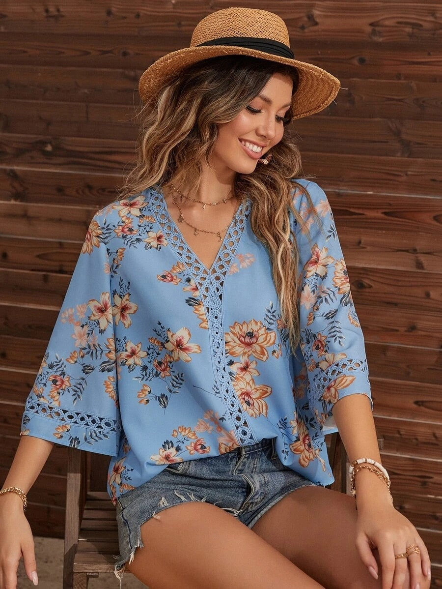 Women's Floral Bell Sleeve Lace V-Neck Blouse Top Blouses - Chuzko Women Clothing