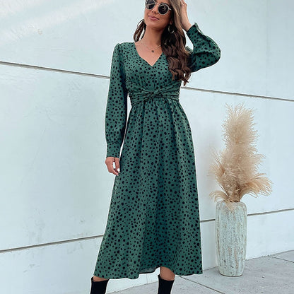 Hurry! Green Leopard Midi Dress with Trendy Knot-front & Long Sleeves Midi Dresses - Chuzko Women Clothing