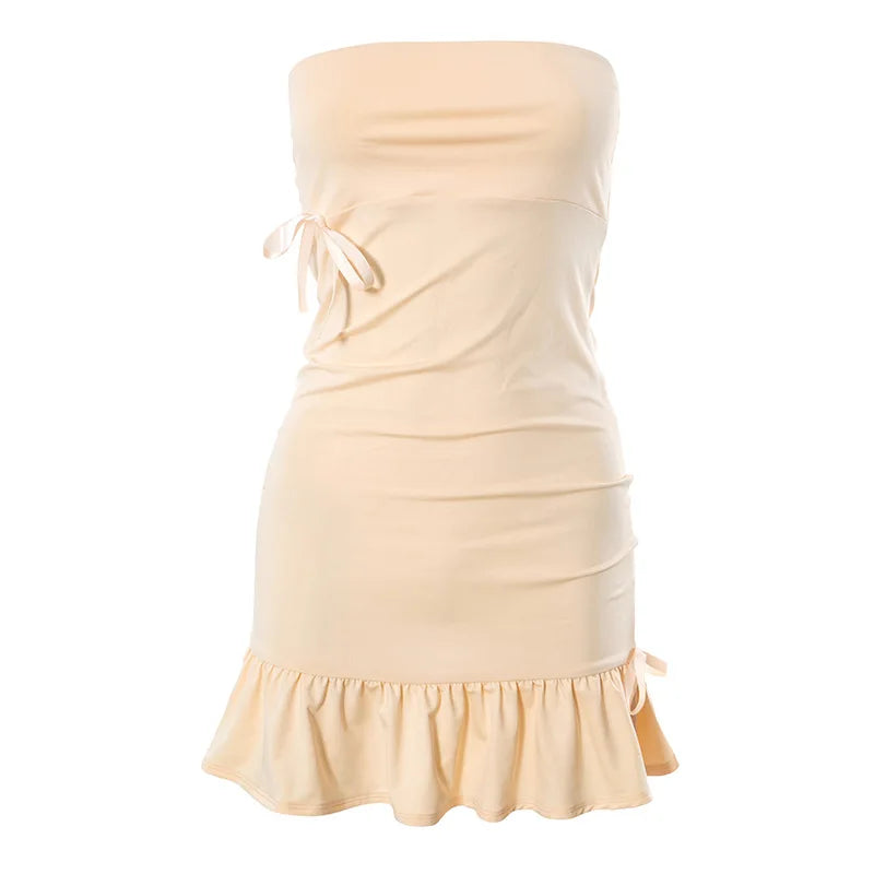 Solid Strapless Tube Mini Dress with Ruffle Hem Strapless Dresses - Chuzko Women Clothing