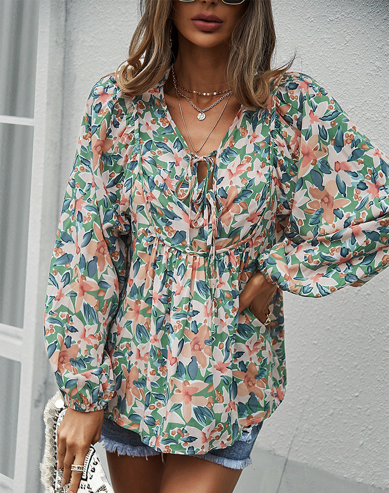 Women's Floral Tunic Print Top with Long Sleeves & Neck Tie Blouses - Chuzko Women Clothing