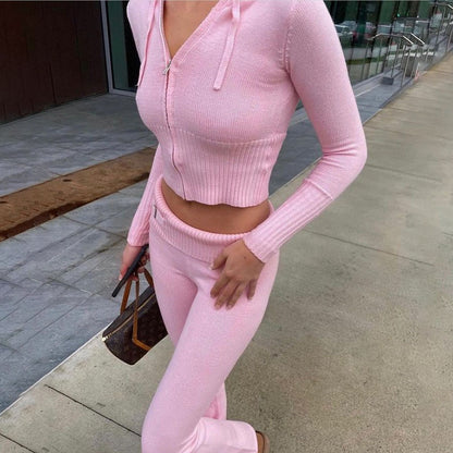 Pink Y2K Two-Piece Knitted Rib Crop Hoodie and Pants Trousers Set - Chuzko Women Clothing