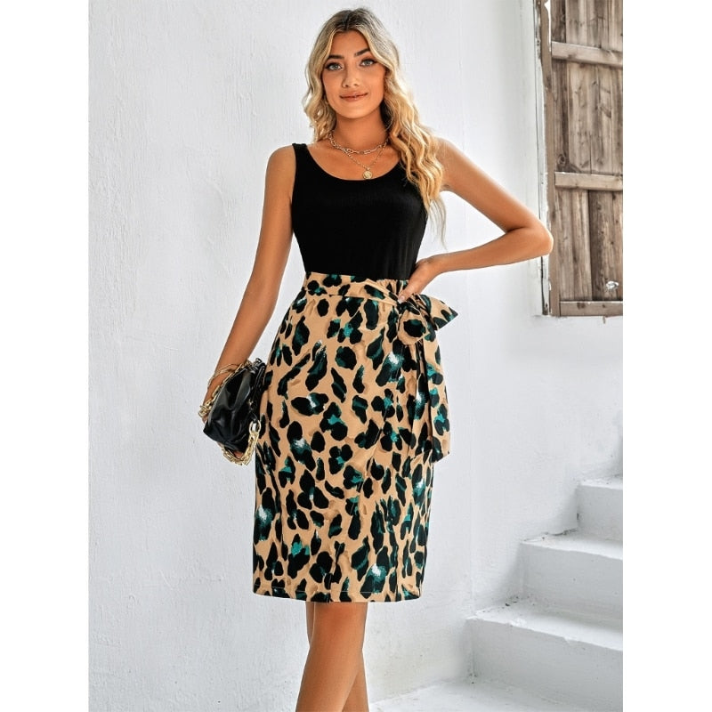 Leopard Print Colorblock Belted A-line Dress Midi dress - Chuzko Women Clothing