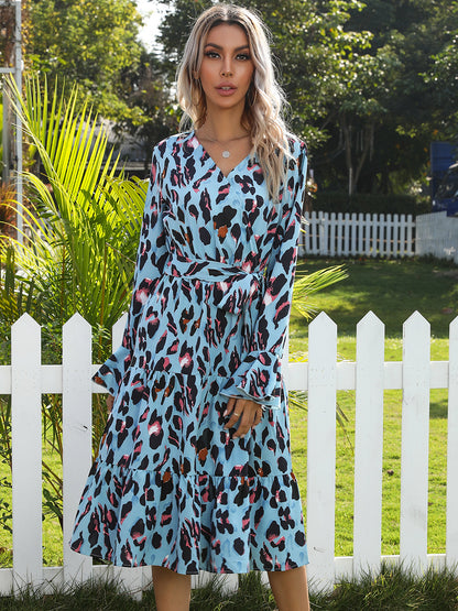 Leopard Print Wrap V Neck Long Sleeve Dress Midi dresses - Chuzko Women Clothing