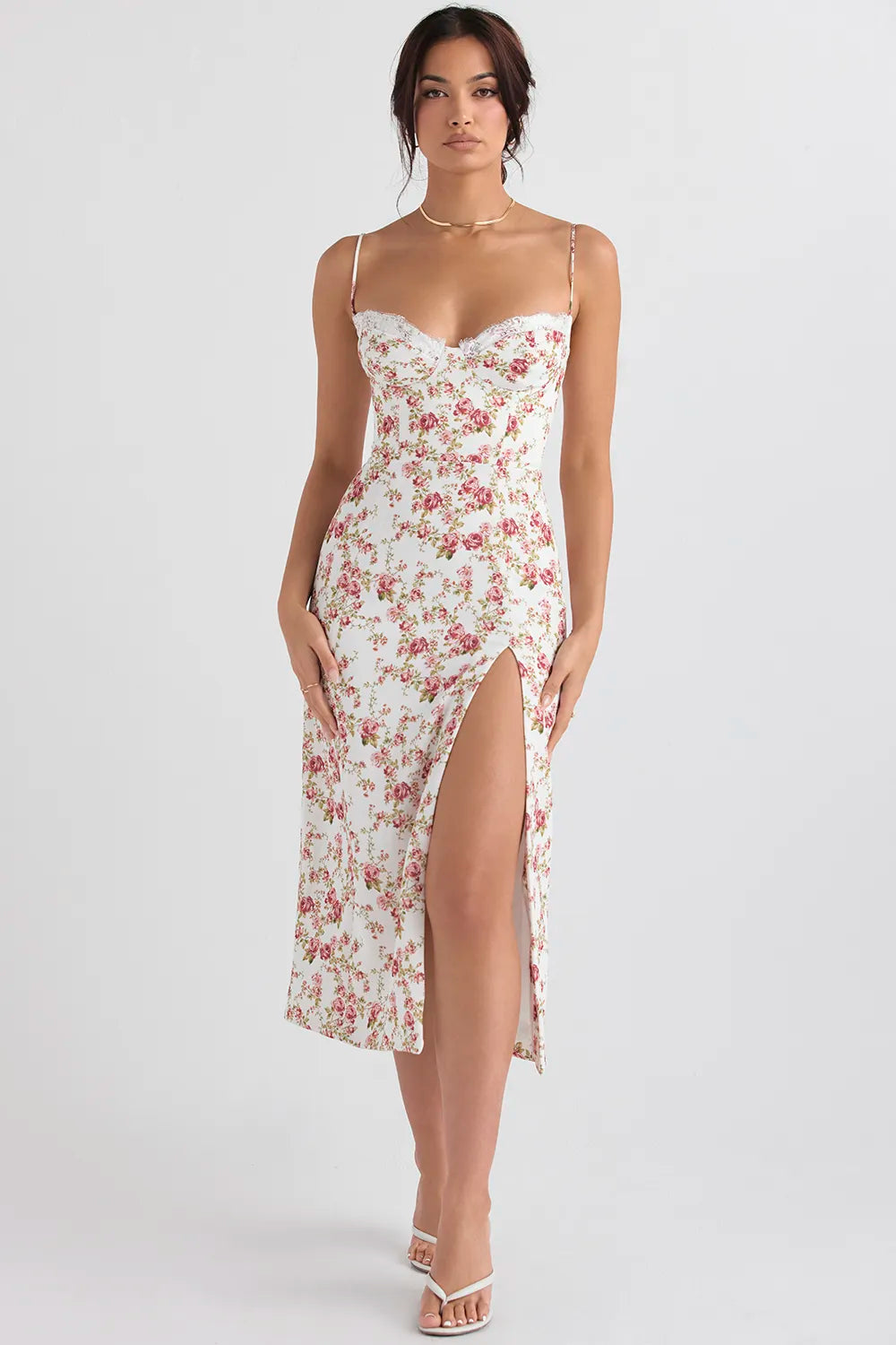 Floral Fitted Split Thigh Bustier Cami Midi Dress Cami Midi Dress - Chuzko Women Clothing