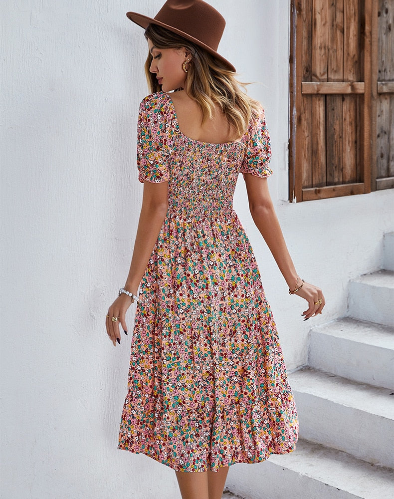 Ditsy Floral Scoop Neck Midi Dress with Slit Side & Shirred Bodice Floral Dresses - Chuzko Women Clothing