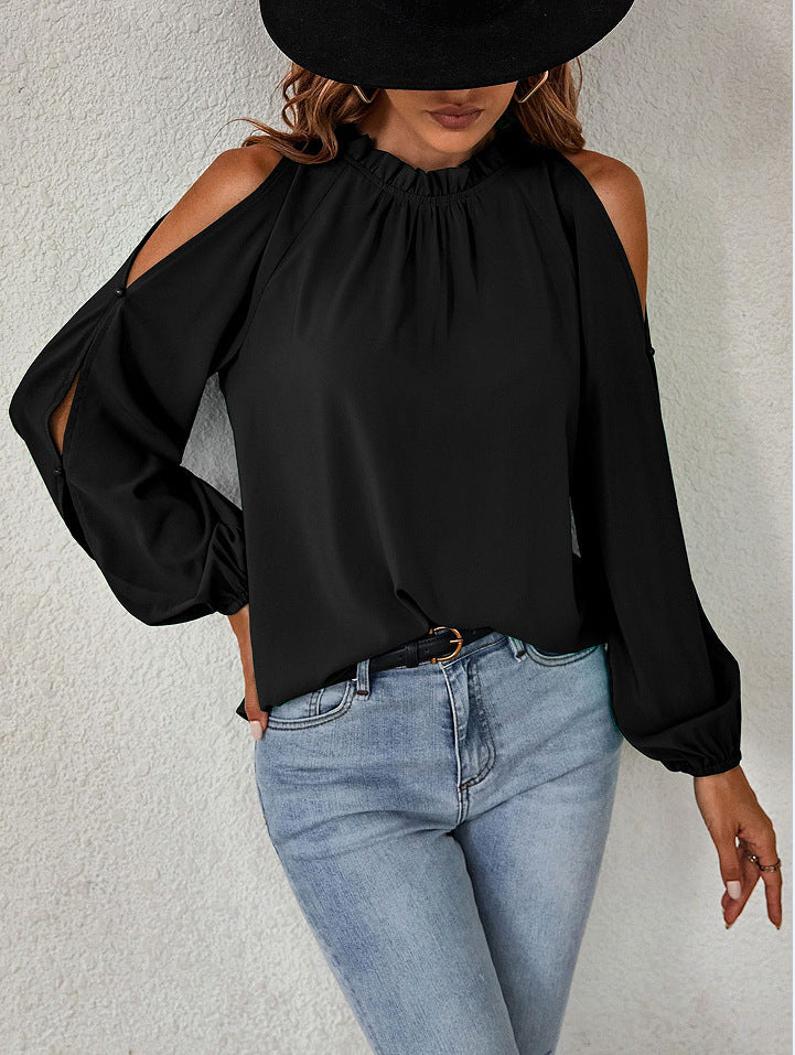 Cold Shoulder Blouse - Ruffle Neck, Long Sleeve & Keyhole Back Top Blouses - Chuzko Women Clothing