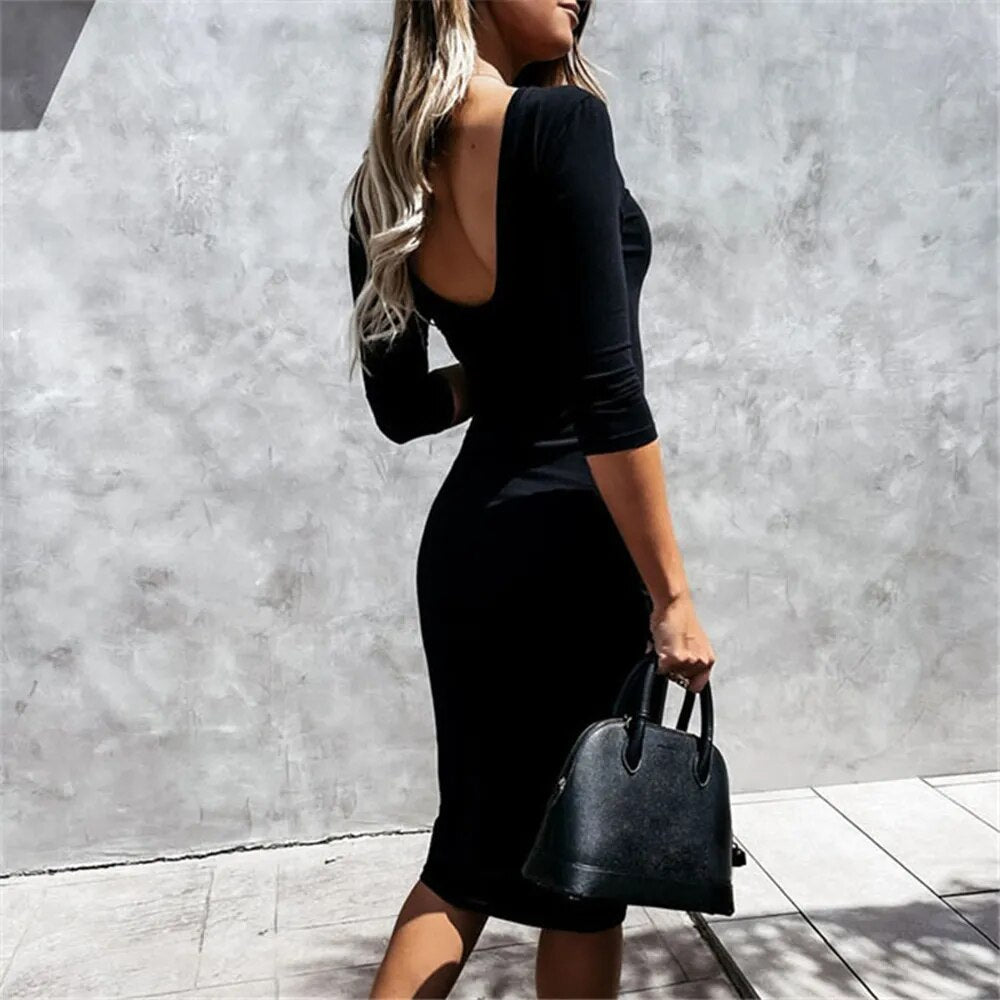 Solid Casual Sporty Long Sleeve Bodycon Midi Dress Casual Dresses - Chuzko Women Clothing