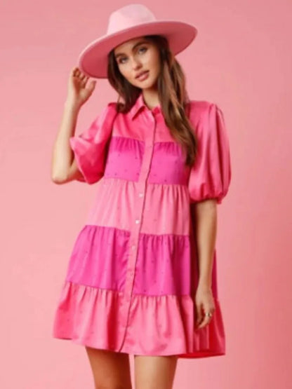 Princess Beaded Tiered A-Line Shirt Dress with Puff Sleeve