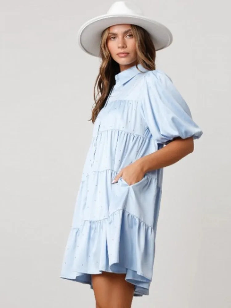 Princess Beaded Tiered A-Line Shirt Dress with Puff Sleeve