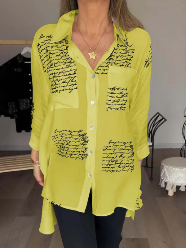 Shirts- Letter-Printed Women's High-Low Shirt with Long Sleeves- Yellow- Chuzko Women Clothing