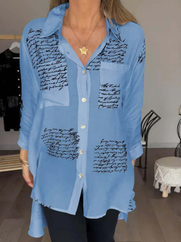 Shirts- Letter-Printed Women's High-Low Shirt with Long Sleeves- Sky blue azure- Chuzko Women Clothing