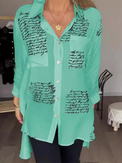 Shirts- Letter-Printed Women's High-Low Shirt with Long Sleeves- Pale green- Chuzko Women Clothing
