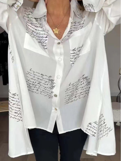 Shirts- Letter-Printed Women's High-Low Shirt with Long Sleeves- White- Chuzko Women Clothing