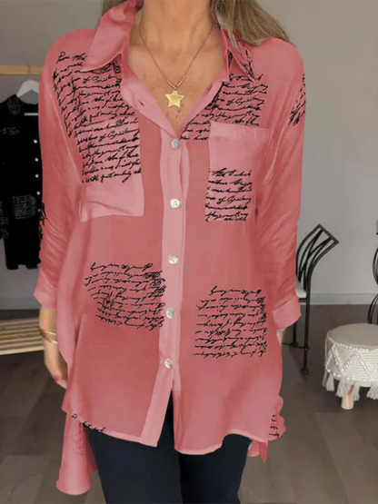 Shirts- Letter-Printed Women's High-Low Shirt with Long Sleeves- Rose- Chuzko Women Clothing