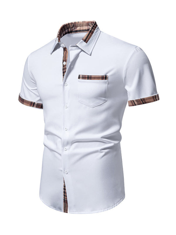 Shirts- Men's Solid Short Sleeve Shirt with Contrast Plaid Hem- - Chuzko Women Clothing