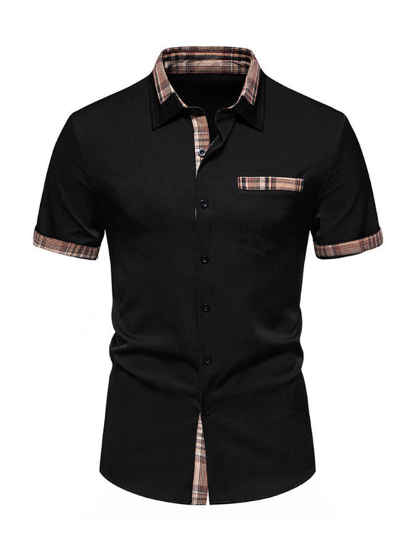 Shirts- Men's Solid Short Sleeve Shirt with Contrast Plaid Hem- Black- Chuzko Women Clothing