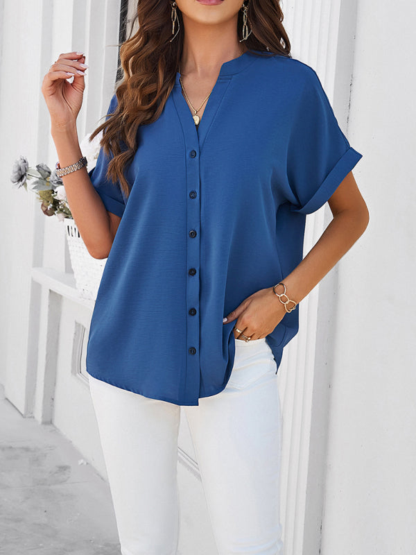 Short Sleeve Button-Up Shirt Blouse for Women