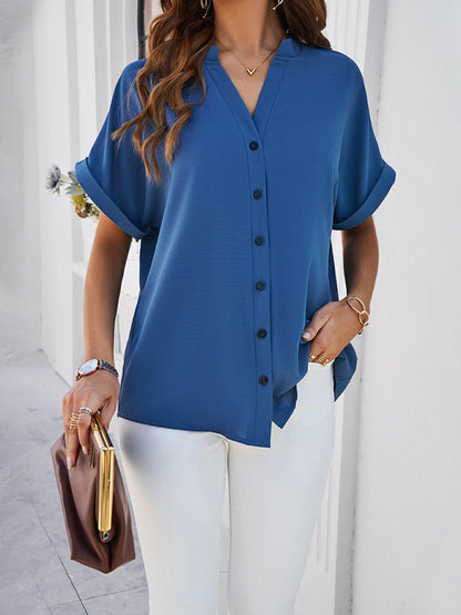 Short Sleeve Button-Up Shirt Blouse for Women