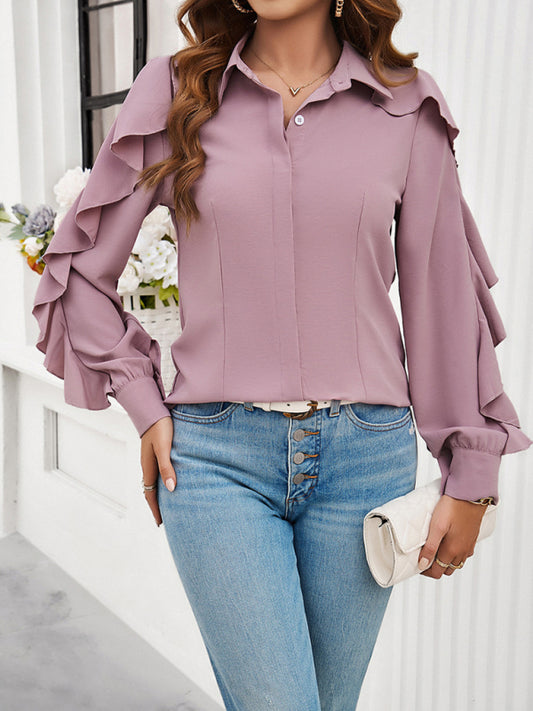 Solid Concealed Placket Blouse with Ruffle Sleeves