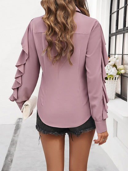 Solid Concealed Placket Blouse with Ruffle Sleeves