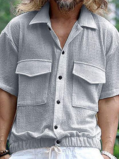 Shirts- Textured Button-Up Flap Shirt for Men with Short Sleeves- Misty grey- Chuzko Women Clothing