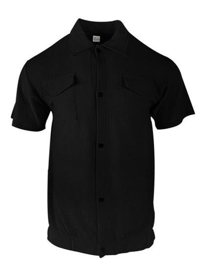 Shirts- Textured Button-Up Flap Shirt for Men with Short Sleeves- - Chuzko Women Clothing