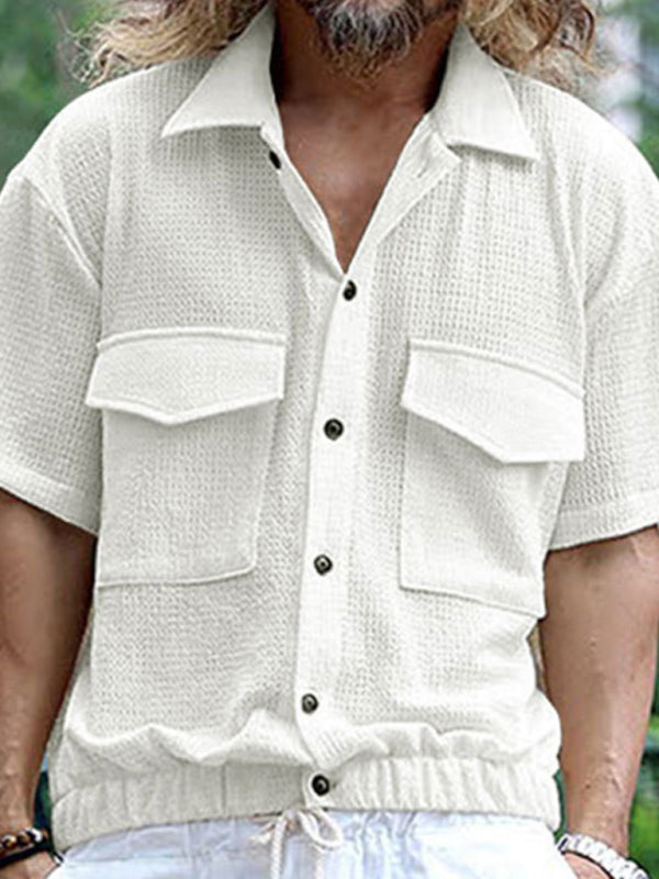 Shirts- Textured Button-Up Flap Shirt for Men with Short Sleeves- White- Chuzko Women Clothing