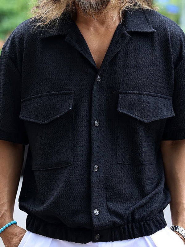 Shirts- Textured Button-Up Flap Shirt for Men with Short Sleeves- Black- Chuzko Women Clothing