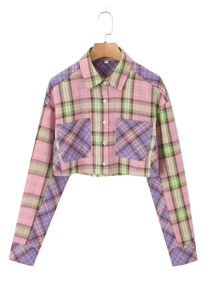 Shirts- Trendy Two-Tone Plaid Crop Shirt for Spring/Autumn- picture colour- Chuzko Women Clothing