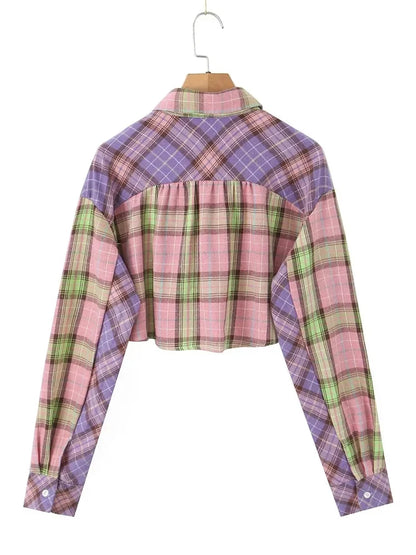 Shirts- Trendy Two-Tone Plaid Crop Shirt for Spring/Autumn- - Chuzko Women Clothing
