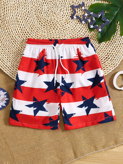 Shorts- Boys' American Flag Swim Shorts for Patriotic Celebrations- Red Blue- Chuzko Women Clothing