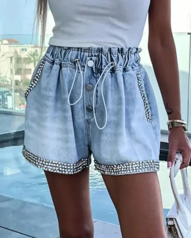 Shorts- Denim Sparkle Beaded Shorts with Paperbag Waist- - Chuzko Women Clothing