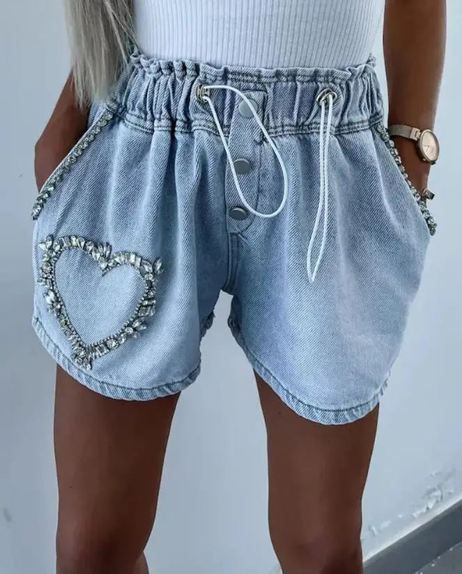 Shorts- Denim Sparkle Beaded Shorts with Paperbag Waist- - Chuzko Women Clothing