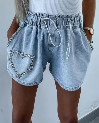 Shorts- Denim Sparkle Beaded Shorts with Paperbag Waist- - Chuzko Women Clothing