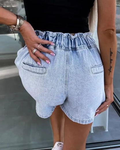 Shorts- Denim Sparkle Beaded Shorts with Paperbag Waist- - Chuzko Women Clothing