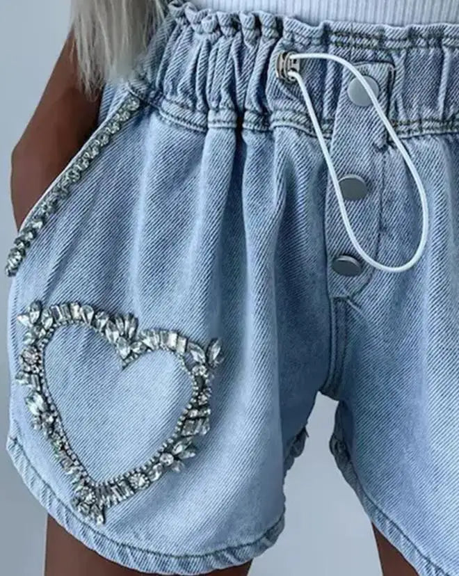 Shorts- Denim Sparkle Beaded Shorts with Paperbag Waist- - Chuzko Women Clothing