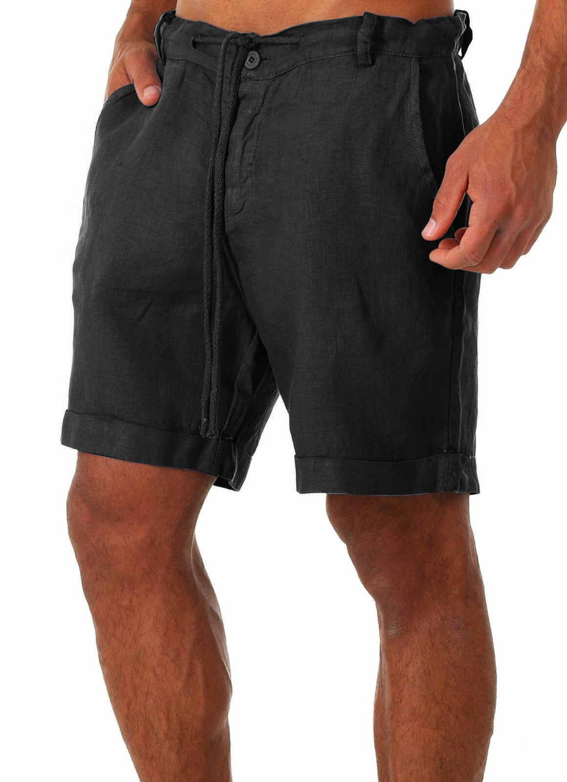 Shorts- Linen Men’s Essential Casual Shorts for Summer- Black- Chuzko Women Clothing