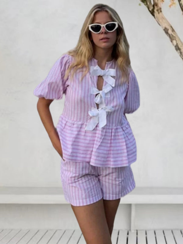 Relaxed Vacation Striped Tie-Bow Blouse & Comfy Shorts Set for Vacay