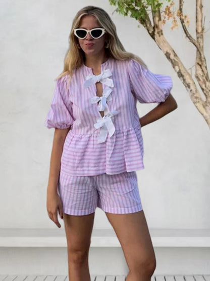Relaxed Vacation Striped Tie-Bow Blouse & Comfy Shorts Set for Vacay