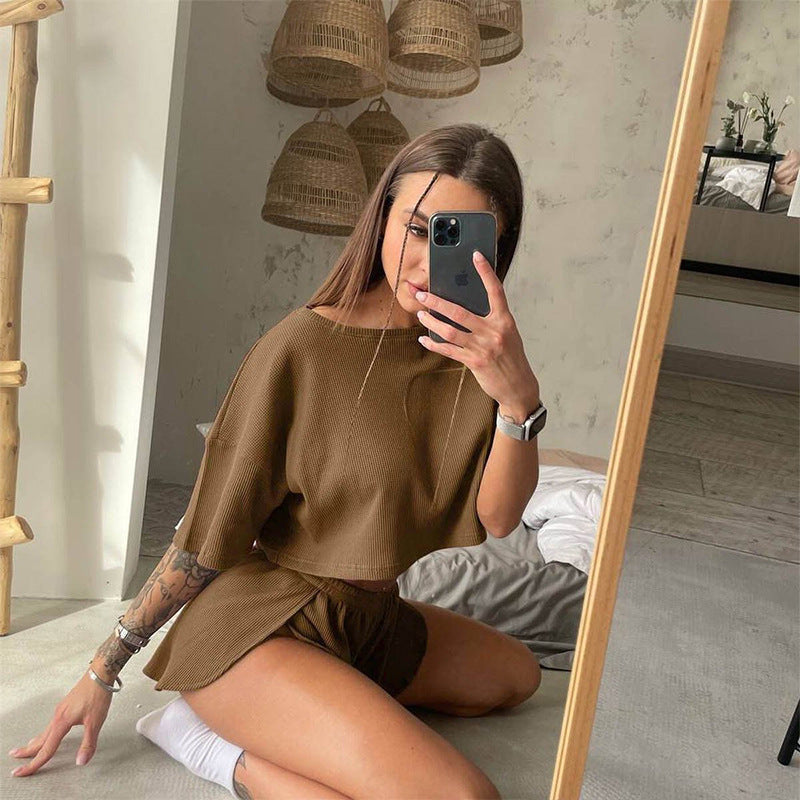 Shorts Set- Ribbed Crop Tee & Slit Shorts in Women's Lounge 2 Piece Outfit- Camel- Chuzko Women Clothing